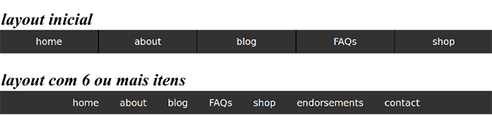Mostra a barra de menu inicial com menos de seis itens e a barra de menu expandida com seis ou mais itens