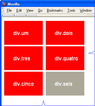 Screenshot mostrando a renderização das seis divs e suas cores